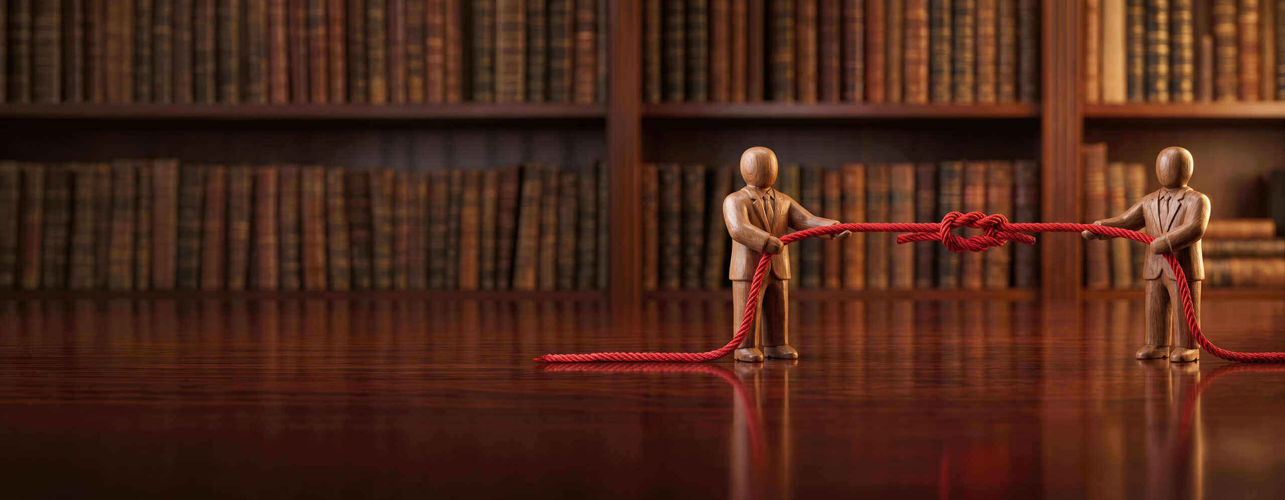 mannequin figures standing on a dark wooden table in front of bookshelves, engaged in a tug-of-war with a red rope tied in a knot, symbolizing tension and the rift between leadership and employees in a toxic workplace