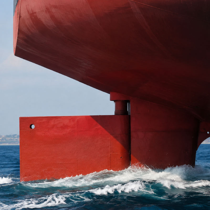 Red ship hull with a large structural support in the water, waves crashing against the base.