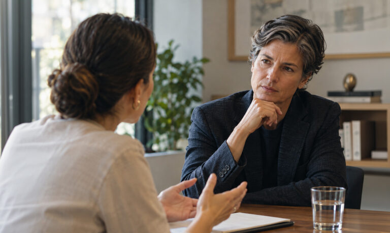 A senior executive listens as an employee shares candid feedback, illustrating the importance of creating space for uncomfortable truths and honest conversation