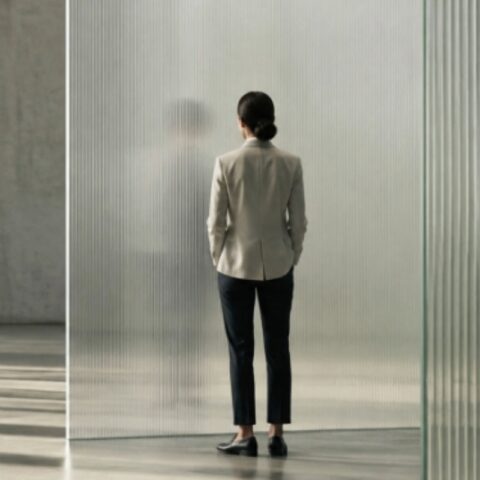 Woman leader navigating translucent barriers representing systemic obstacles to women’s advancement in leadership