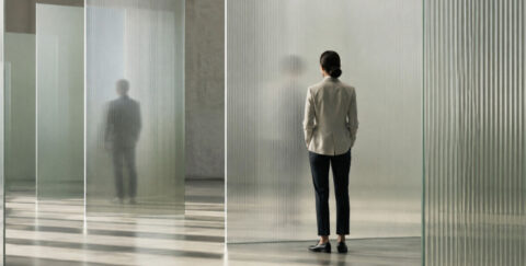 Woman leader navigating translucent barriers representing systemic obstacles to women’s advancement in leadership