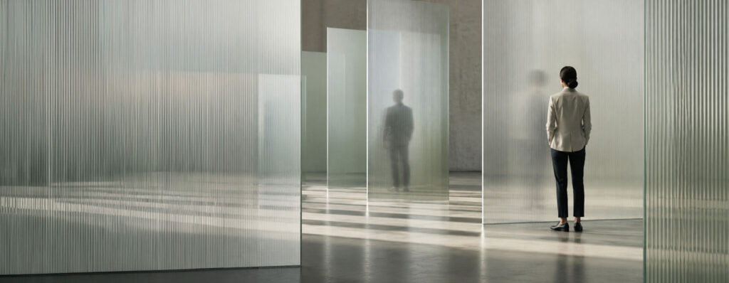 Woman leader navigating translucent barriers representing systemic obstacles to women’s advancement in leadership - IMD Business School - IMD Business School