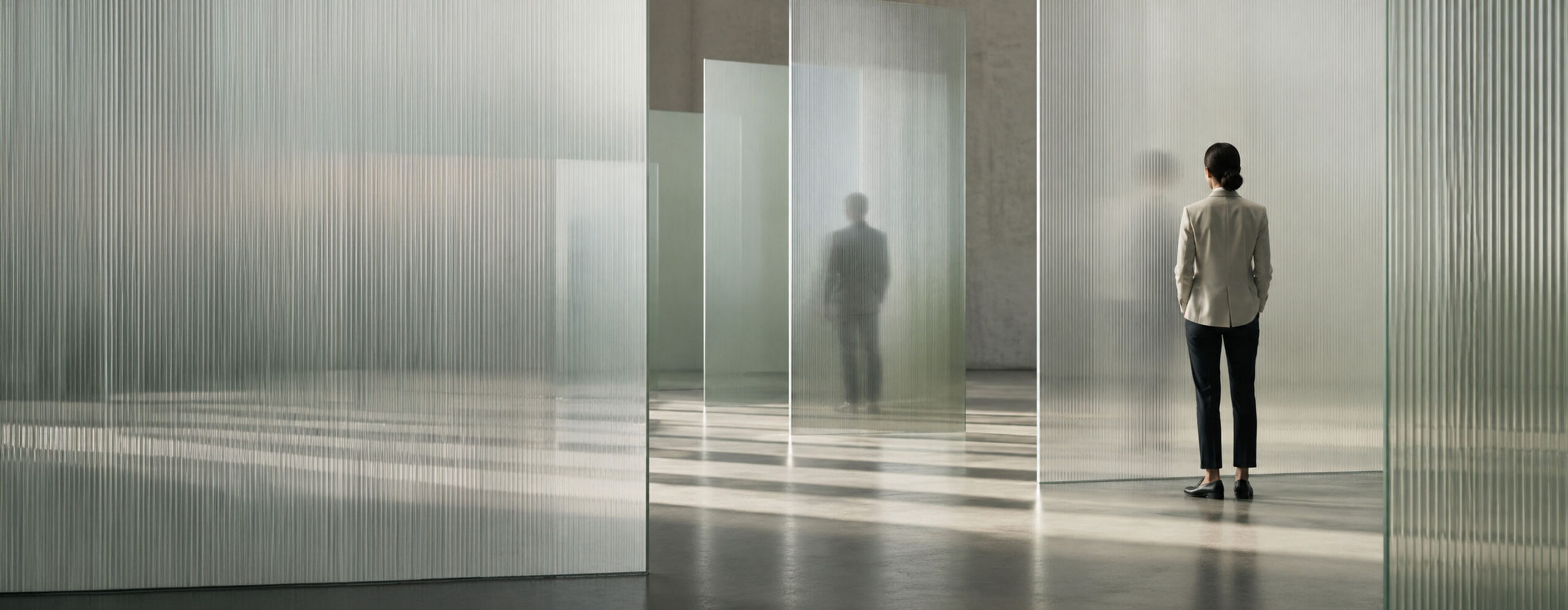 Woman leader navigating translucent barriers representing systemic obstacles to women’s advancement in leadership