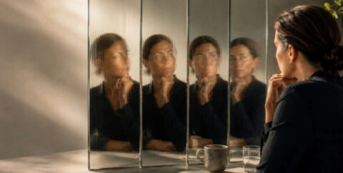 professional studies multiple reflections of herself in glass panels, symbolizing how AI can act as a communications sounding board to help leaders reflect on their tone, word choices, and how their messages may be interpreted across different cultural contexts