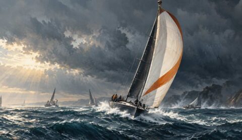 Oil painting of a sale boat in the dark ocean