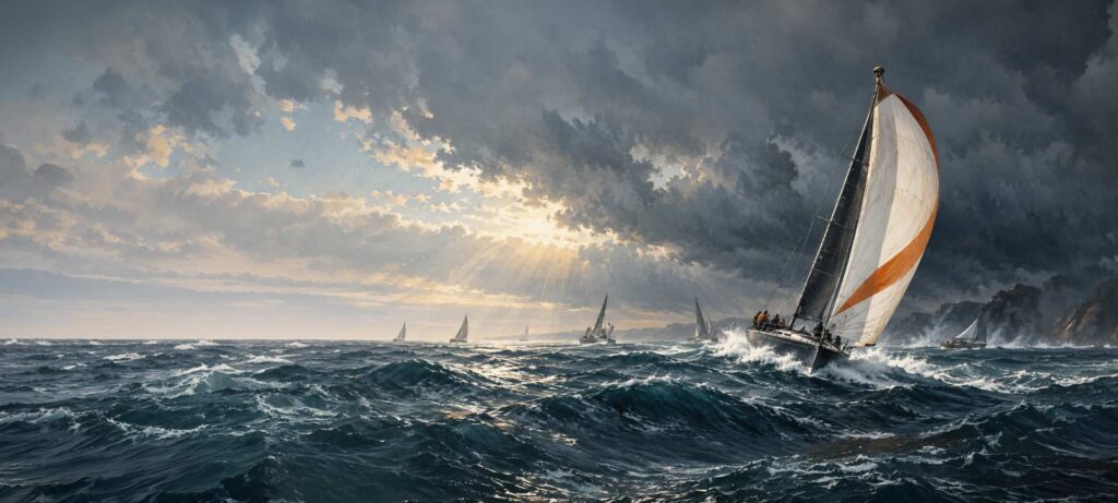 Oil painting of a sale boat in the dark ocean - IMD Business School - IMD Business School