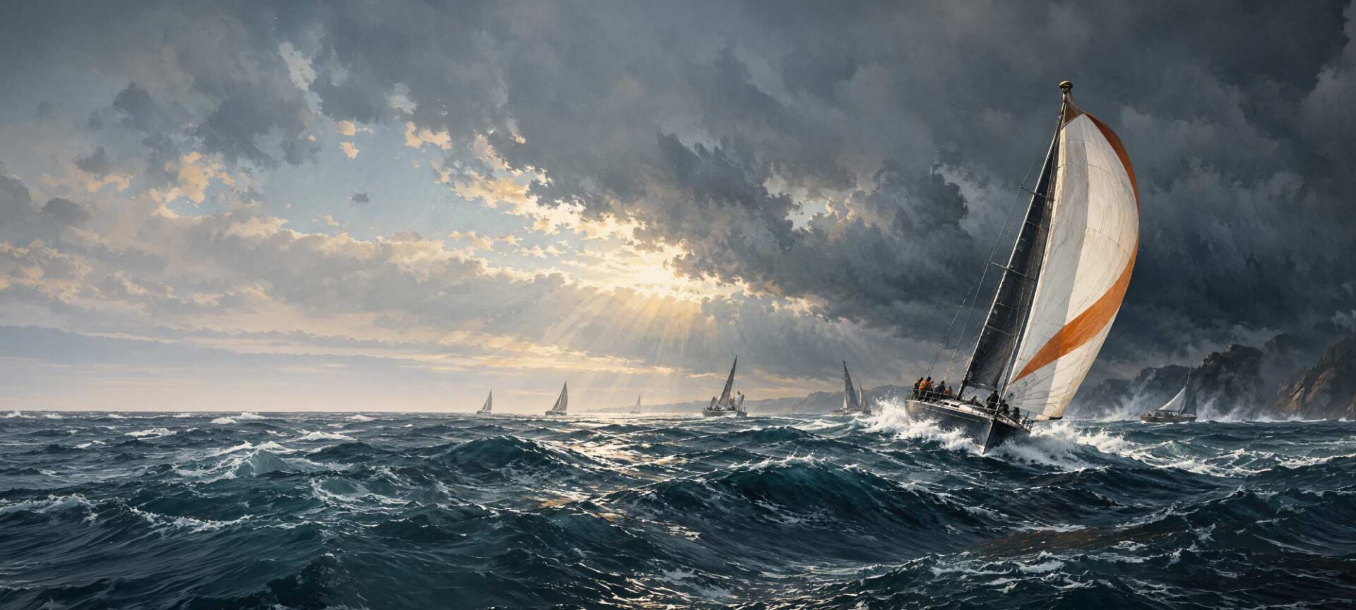 Oil painting of a sale boat in the dark ocean