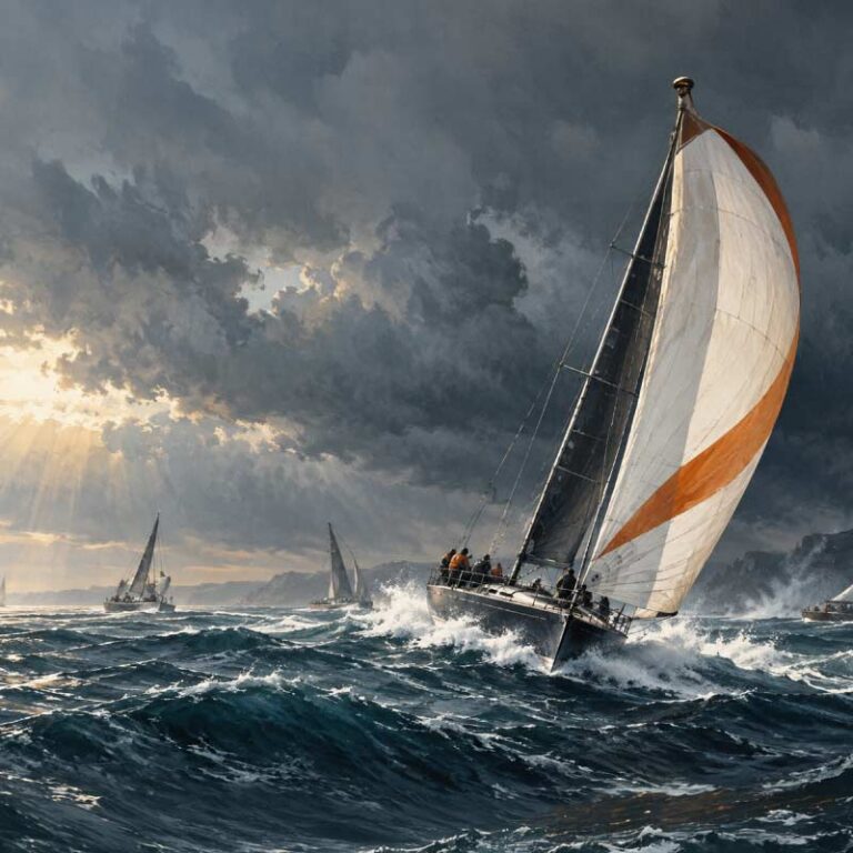 Oil painting of a sale boat in the dark ocean