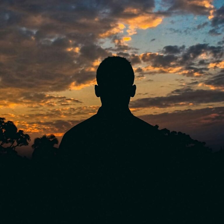 person standing alone beneath a dramatic sunset sky, observing the wider landscape from a position slightly apart, symbolizing independent perspective and insight