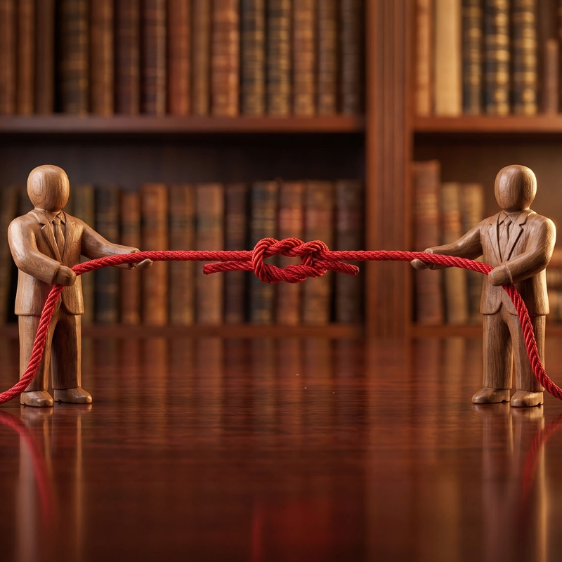 mannequin figures standing on a dark wooden table in front of bookshelves, engaged in a tug-of-war with a red rope tied in a knot, symbolizing tension and the rift between leadership and employees in a toxic workplace