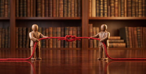mannequin figures standing on a dark wooden table in front of bookshelves, engaged in a tug-of-war with a red rope tied in a knot, symbolizing tension and the rift between leadership and employees in a toxic workplace