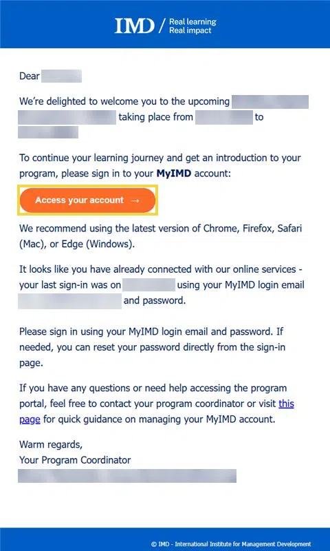 01_lp-invitation-email-existing-account - IMD Business School Invitation email with the Access your account button highlighted - IMD Business School