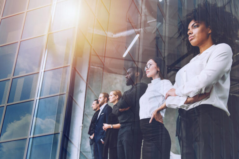 Business people in front of window look far Future vision teamwork startup an partnership concept Double exposure