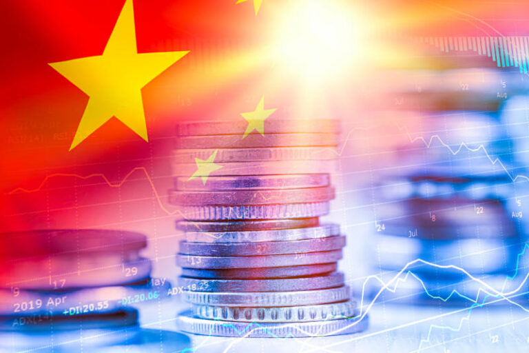 China flag with coin stacking and stock market chart. Value investment in China stock market concept.