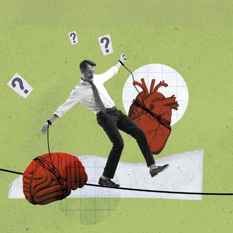 leader balances on a tightrope between an anatomical heart and brain, illustrating the challenge of integrating compassion and intellect when making difficult decisions