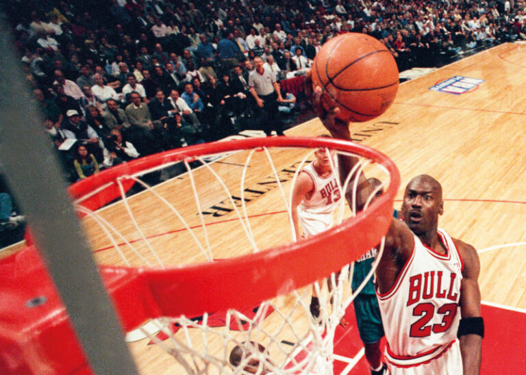 In action: NBA basketball superstar Michael Jordan, who was so good that rivals would do anything – inside or outside the rules – to stop him.