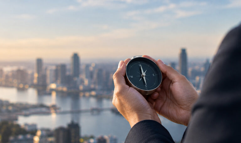 business leader holds a contemporary compass against a blurred city landscape, symbolising how corporate purpose can guide decisions through complexity and competing demands