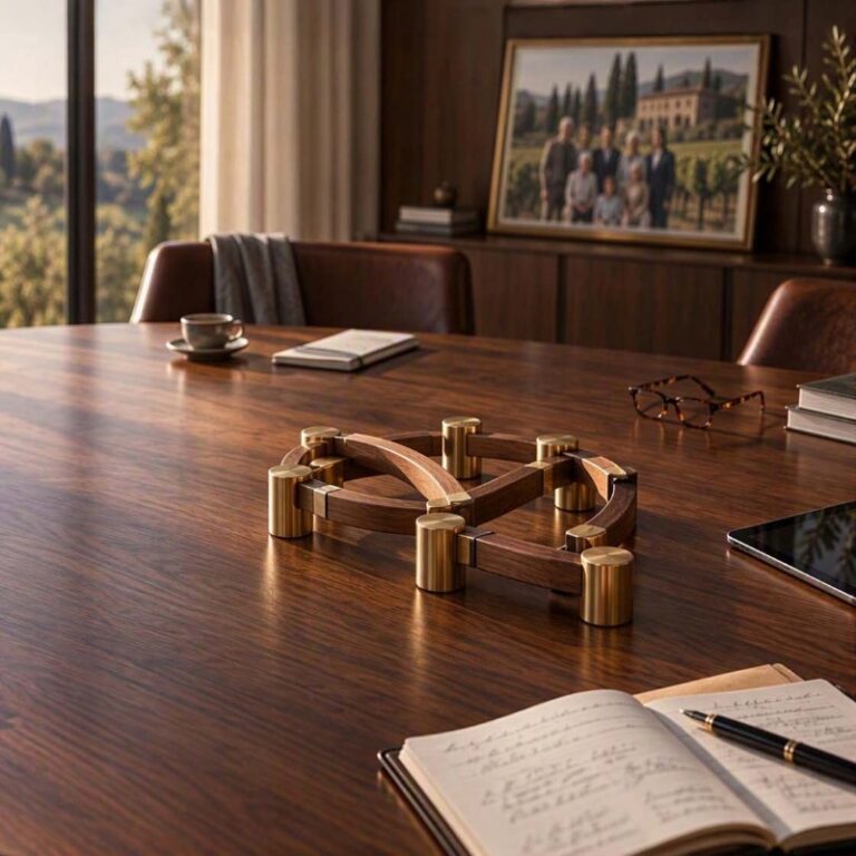 refined brass-and-walnut structure sits at the center of a boardroom table surrounded by notebooks, glasses, a tablet, and a family photograph showing multiple generations at a family estate, symbolizing how governance frameworks help keep family ownership aligned over time
