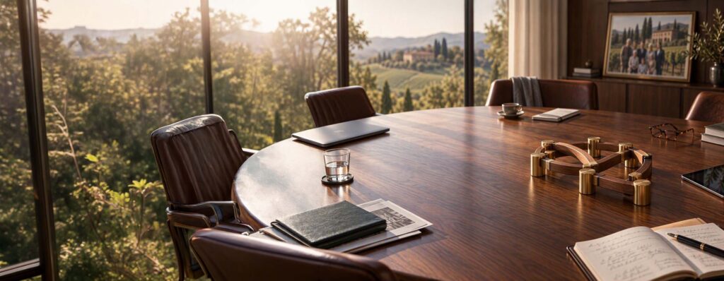 refined brass-and-walnut structure sits at the center of a boardroom table surrounded by notebooks, glasses, a tablet, and a family photograph showing multiple generations at a family estate, symbolizing how governance frameworks help keep family ownership aligned over time - IMD Business School - IMD Business School