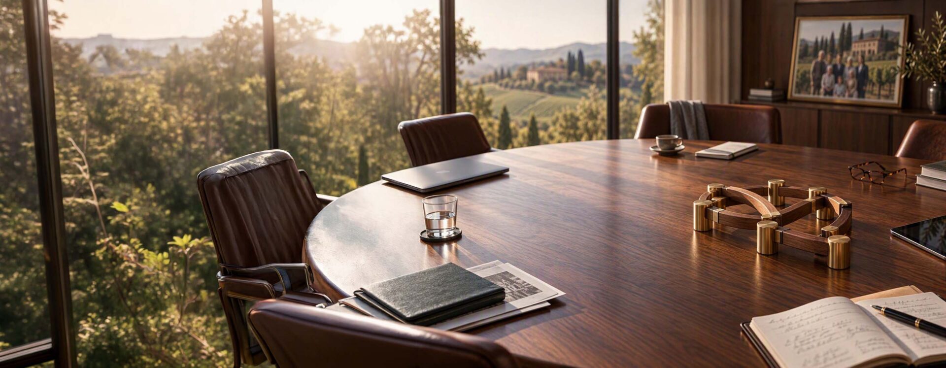 refined brass-and-walnut structure sits at the center of a boardroom table surrounded by notebooks, glasses, a tablet, and a family photograph showing multiple generations at a family estate, symbolizing how governance frameworks help keep family ownership aligned over time