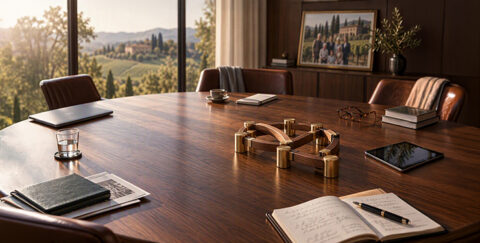 refined brass-and-walnut structure sits at the center of a boardroom table surrounded by notebooks, glasses, a tablet, and a family photograph showing multiple generations at a family estate, symbolizing how governance frameworks help keep family ownership aligned over time