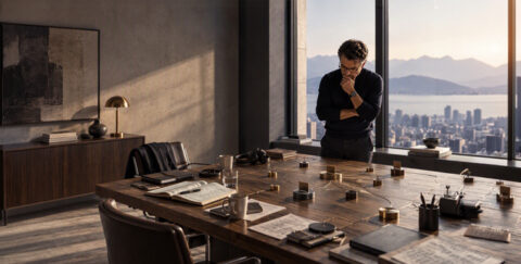 finance leader evaluates decision flows and governance structures, reflecting how CFOs can design intelligent, accountable organizations in the AI era