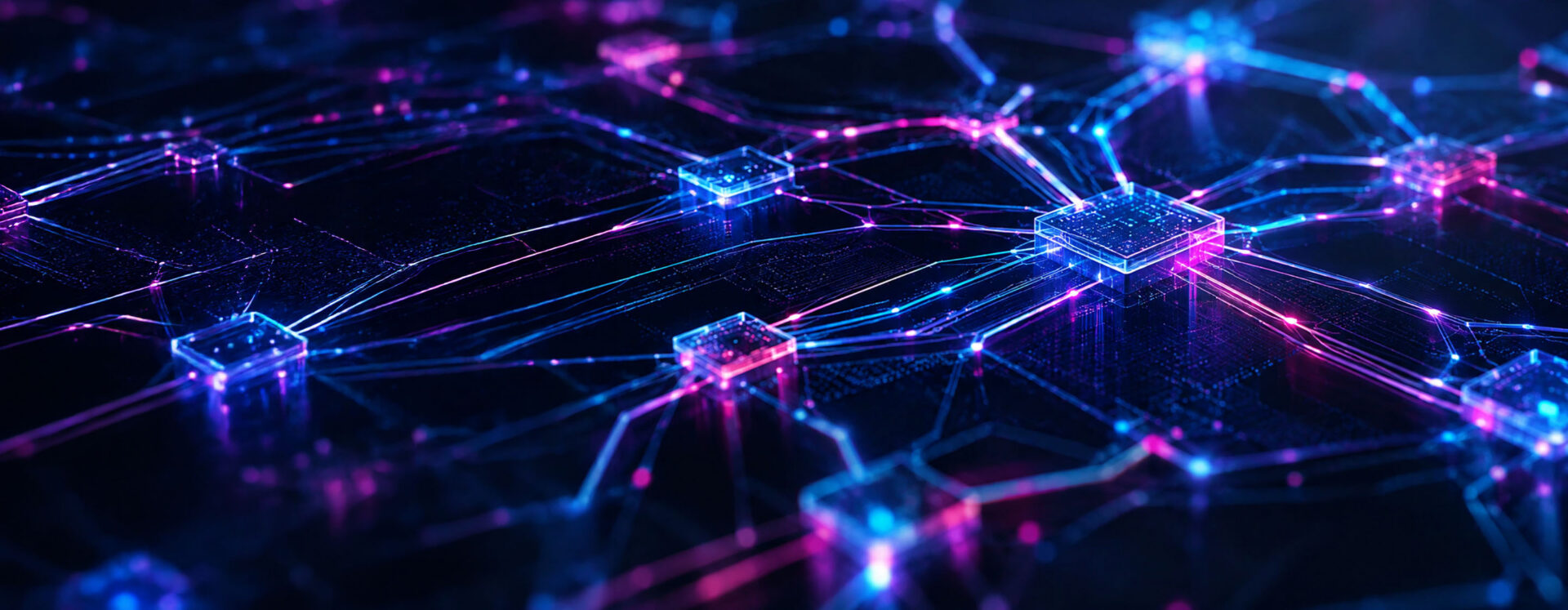 circuit pathways connect multiple nodes across a dark circuit board, representing an interconnected digital ecosystem
