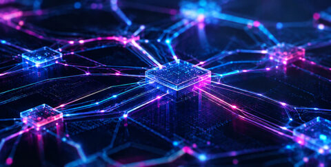 circuit pathways connect multiple nodes across a dark circuit board, representing an interconnected digital ecosystem