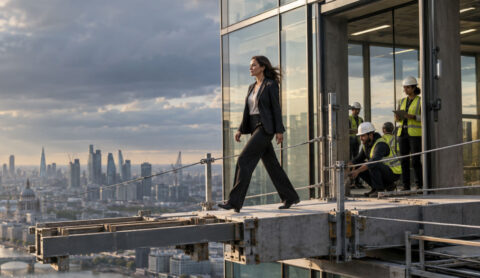 Almost complete bridge with business women walking on it