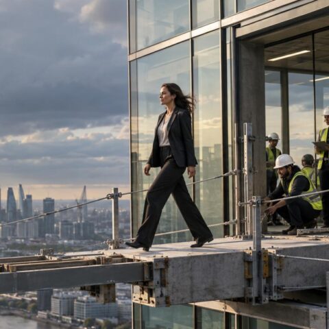 Almost complete bridge with business women walking on it