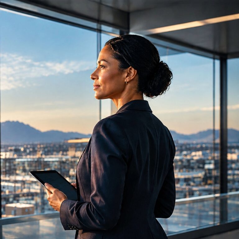 business leader overlooking an industrial facility, representing the COO’s role in guiding AI-driven operations, improving efficiency and building resilient enterprises.