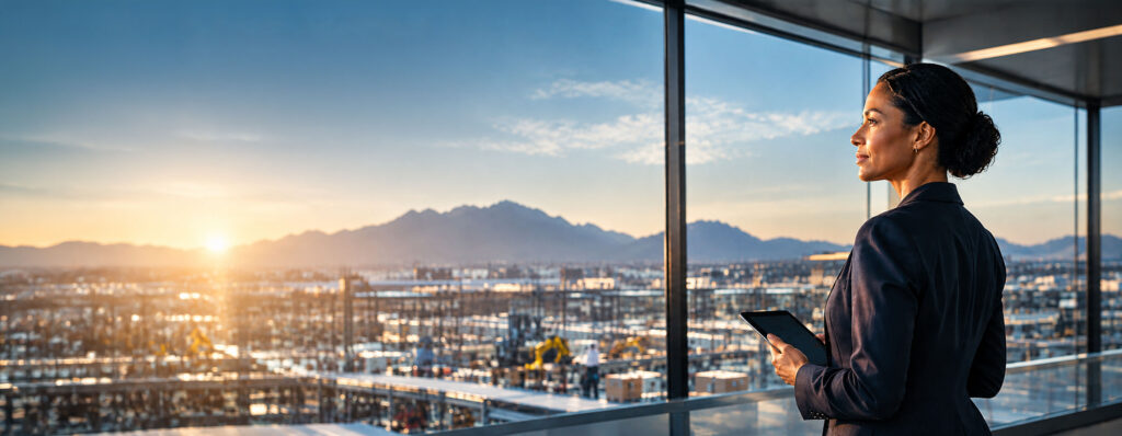 business leader overlooking an industrial facility, representing the COO’s role in guiding AI-driven operations, improving efficiency and building resilient enterprises - IMD Business School - IMD Business School