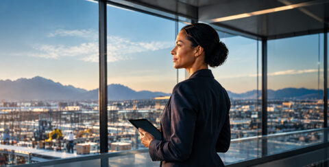 business leader overlooking an industrial facility, representing the COO’s role in guiding AI-driven operations, improving efficiency and building resilient enterprises