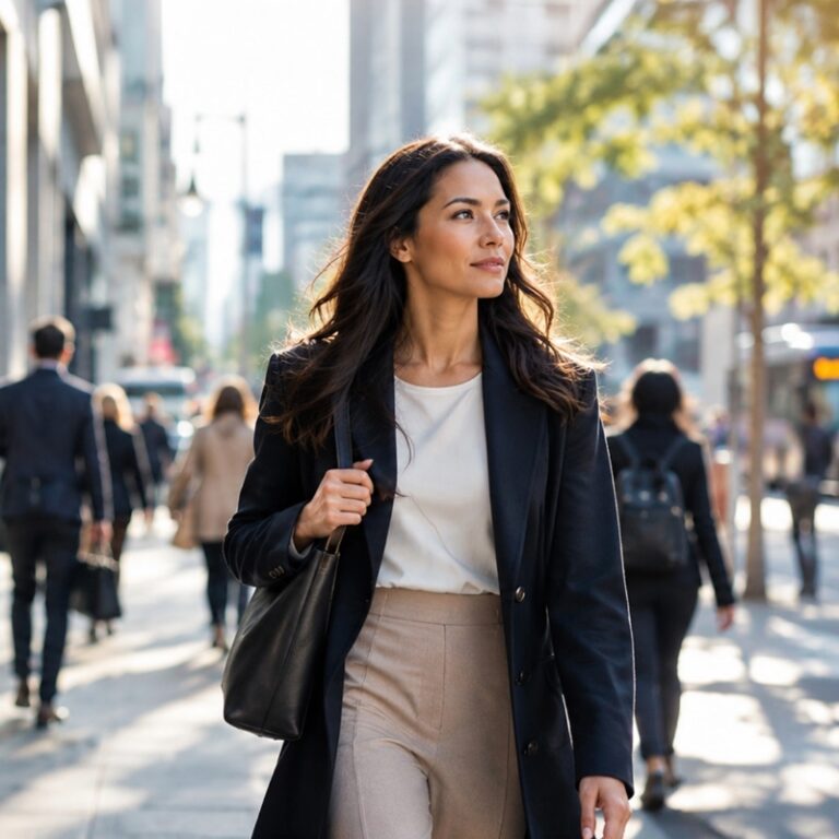 Professional woman walking confidently through a busy city street, representing proactive career advancement