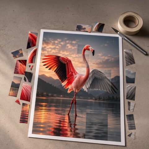 A once-striking flamingo photograph sits on a work surface after numerous careful edits. Vibrant feathers, dramatic reflections, and distinctive details have been removed, muted, or reconstructed, leaving a safer but less memorable image and revealing how repeated compromises can dilute originality