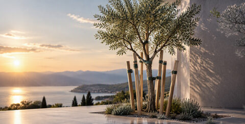growing tree supported by seven stakes, symbolizing the strategic, organizational and leadership disciplines that enable successful scaling