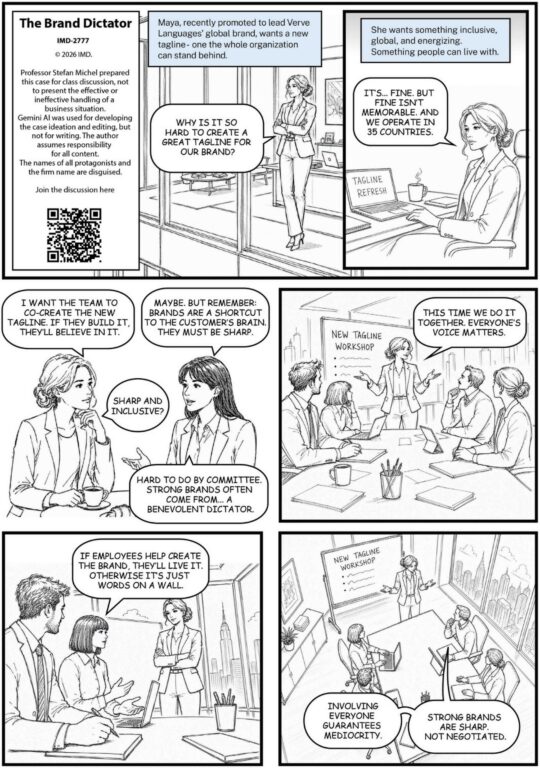 A cartoon explores whether strong brands emerge from collective input or clear leadership, examining the tension between inclusion and strategic distinctiveness